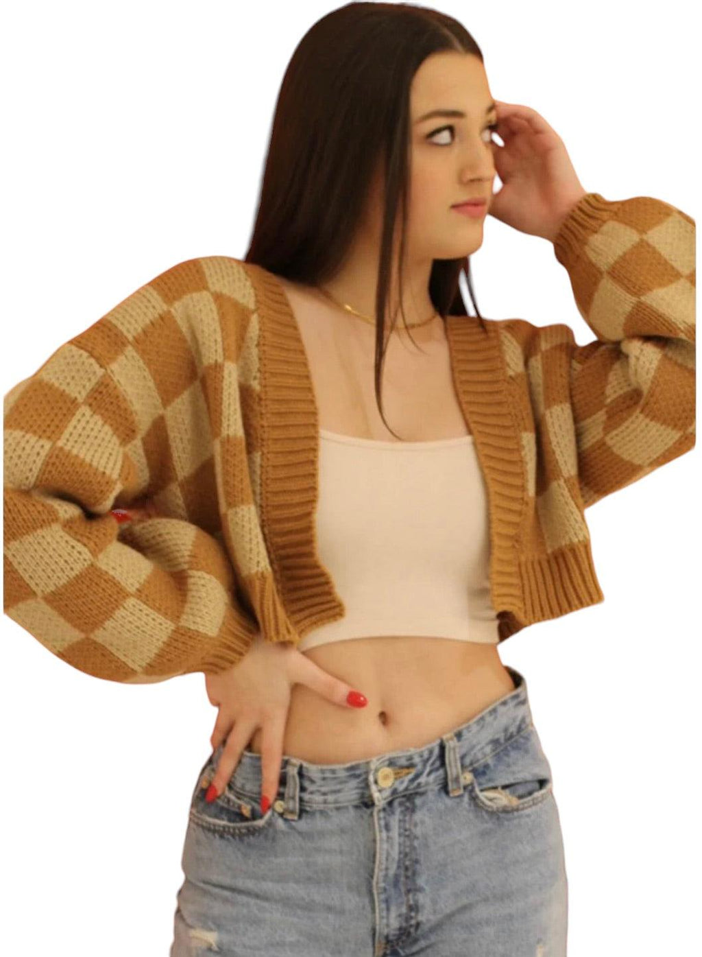 Checkered cropped sweater - Emily Reese Boutique